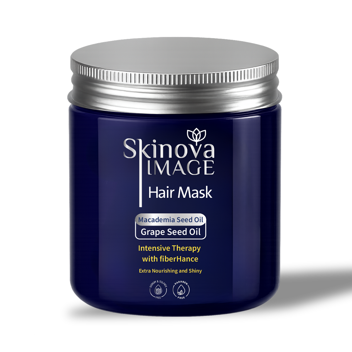 Blue jar of Skinova Image Hair Mask with silver lid on a white background