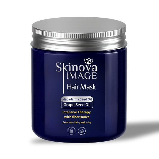 Blue jar of Skinova Image Hair Mask with silver lid on a white background