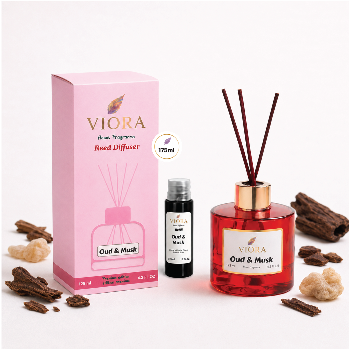 Viora Reed Diffuser 125 ml+ 50Ml free Refill with musk-oud Fragrance
